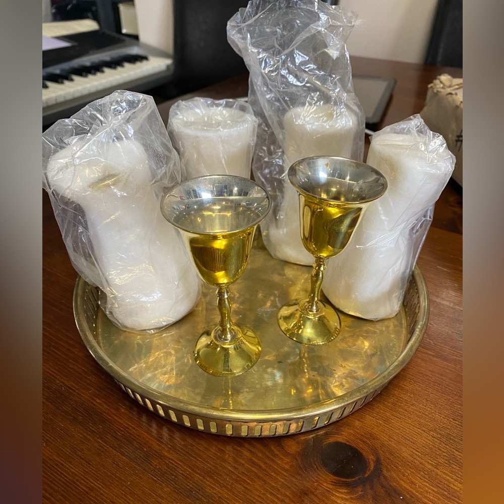 Vintage Set of 6 Brass shot cups Cordials w/ Tray Silver Lined, India - W/ box